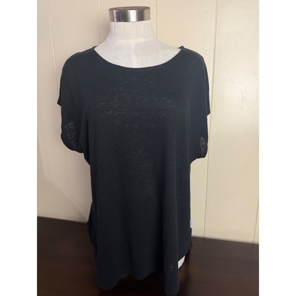 Orvis Womens Large Top Black Excellent Linen Blend Scoop Neck Short Sleeve